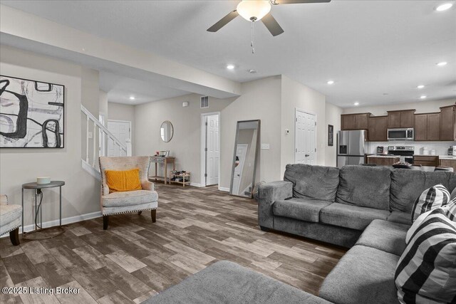 1105 Johnson Ridge Rd, Louisville, KY 40245 - living area featuring baseboards, a ceiling fan, dark wood finished floors, recessed lighting, and stairs