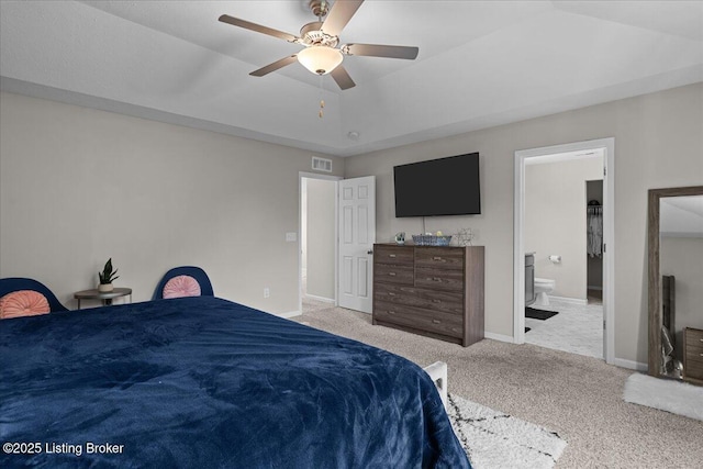 1105 Johnson Ridge Rd, Louisville, KY 40245 - bedroom with light carpet, a raised ceiling, baseboards, ensuite bath, and ceiling fan