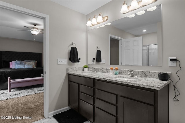 1105 Johnson Ridge Rd, Louisville, KY 40245 - full bath with ensuite bath, double vanity, ceiling fan, baseboards, and a shower with shower door