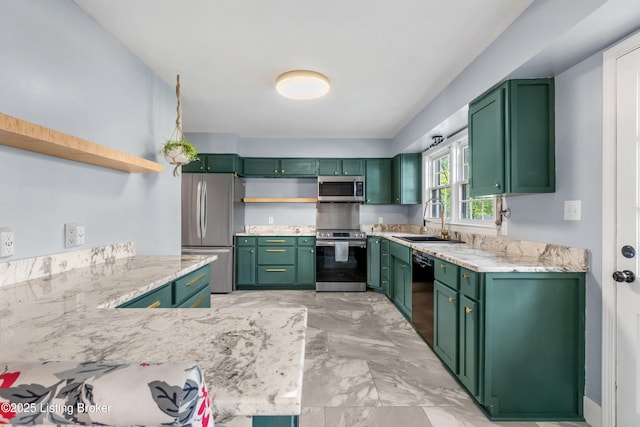 7007 Graymoor Rd, Louisville, KY 40222 - kitchen featuring appliances with stainless steel finishes, open shelves, green cabinetry, and a sink