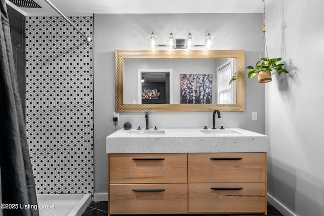 7007 Graymoor Rd, Louisville, KY 40222 - bathroom featuring tiled shower, double vanity, and baseboards