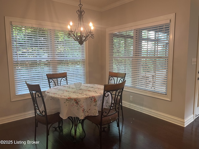 6008 Cottage Ln, Crestwood, KY 40014 - dining room featuring baseboards, a chandelier, ornamental molding, healthy amount of natural light, and dark wood-style floors