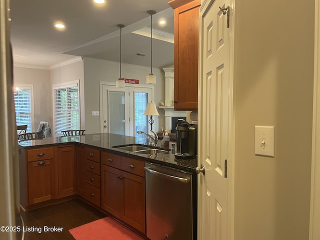 6008 Cottage Ln, Crestwood, KY 40014 - kitchen with stainless steel dishwasher, a sink, ornamental molding, dark stone counters, and dark wood-type flooring