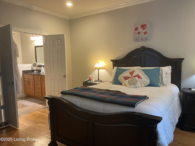 6008 Cottage Ln, Crestwood, KY 40014 - bedroom with light wood-style floors, ornamental molding, recessed lighting, and ensuite bath
