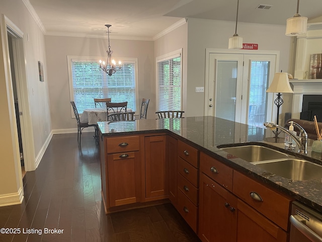 6008 Cottage Ln, Crestwood, KY 40014 - kitchen featuring a sink, brown cabinetry, dishwasher, dark wood-style flooring, and crown molding