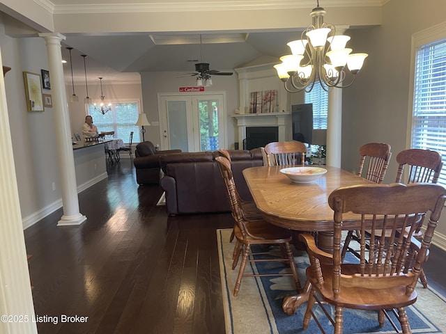 6008 Cottage Ln, Crestwood, KY 40014 - dining area with a chandelier, dark wood-style flooring, ceiling fan, a fireplace, and baseboards