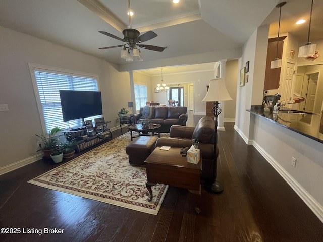 6008 Cottage Ln, Crestwood, KY 40014 - living room with ceiling fan, dark wood-style floors, a chandelier, decorative columns, and recessed lighting