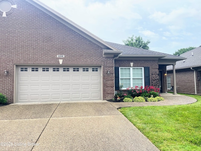 6008 Cottage Ln, Crestwood, KY 40014 - ranch-style house with brick siding, concrete driveway, a garage, a shingled roof, and a front yard