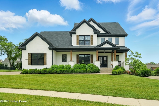 7811 Ingram Way, Crestwood, KY 40014 - modern farmhouse with a porch, a front lawn, brick siding, and roof with shingles