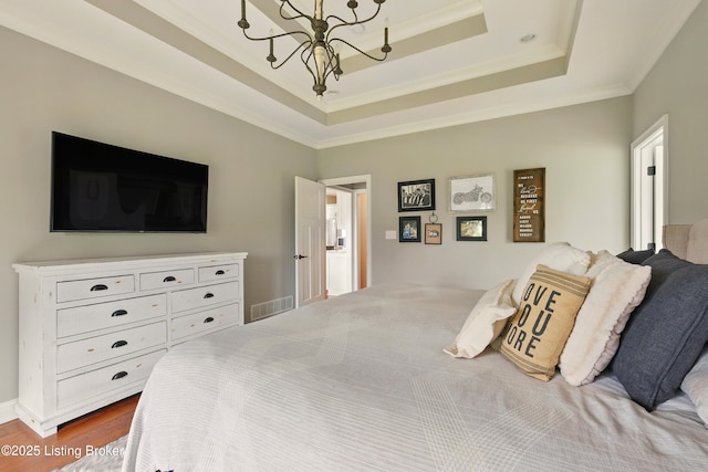 7811 Ingram Way, Crestwood, KY 40014 - bedroom featuring a chandelier, crown molding, a raised ceiling, and dark wood-type flooring