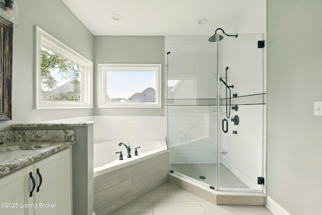 7811 Ingram Way, Crestwood, KY 40014 - bathroom with a bath, a shower stall, tile patterned floors, and vanity
