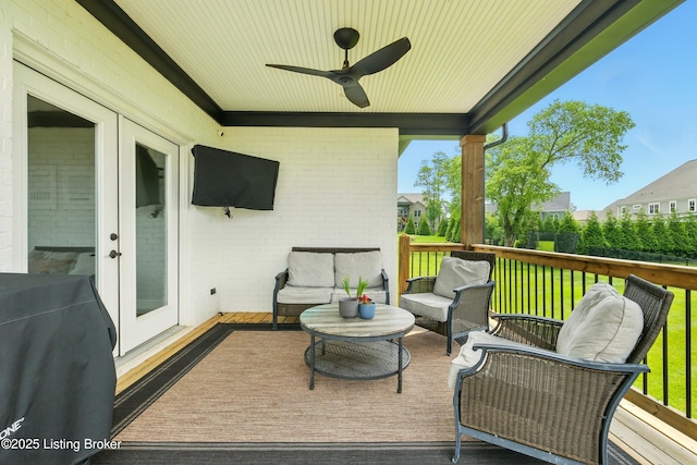7811 Ingram Way, Crestwood, KY 40014 - wooden terrace with an outdoor living space, a ceiling fan, french doors, and a yard
