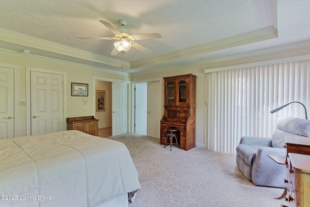 6311 Fible Ln, Crestwood, KY 40014 - carpeted bedroom with crown molding, a raised ceiling, a textured ceiling, and a ceiling fan