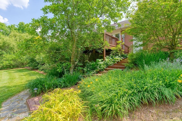 6311 Fible Ln, Crestwood, KY 40014 - view of grassy yard with stairway and a wooden deck