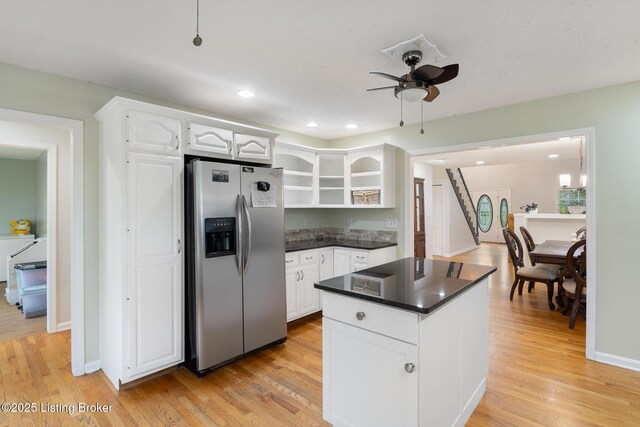 622 Hillcreek Dr, Elizabethtown, KY 42701 - kitchen with stainless steel fridge, open shelves, white cabinetry, light wood-style floors, and recessed lighting
