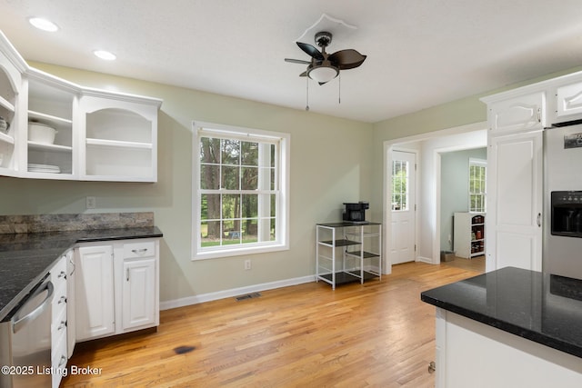 622 Hillcreek Dr, Elizabethtown, KY 42701 - kitchen featuring open shelves, white cabinetry, ceiling fan, light wood-style flooring, and recessed lighting