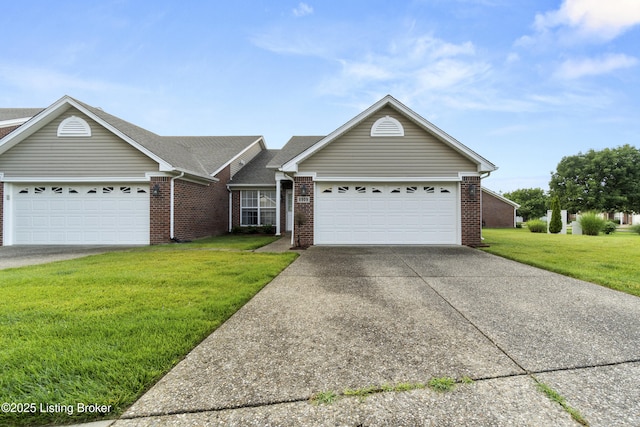 8909 Stony Falls Way, Louisville, KY 40299 - ranch-style house with a garage, a front lawn, brick siding, and concrete driveway