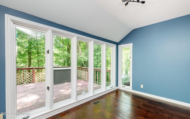 211 Rebel Dr, Pewee Valley, KY 40056 - unfurnished sunroom featuring lofted ceiling, wood-type flooring, a deck, and baseboards