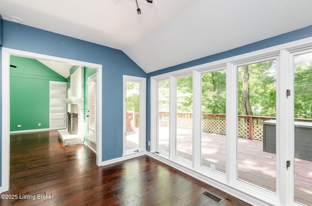 211 Rebel Dr, Pewee Valley, KY 40056 - unfurnished sunroom with lofted ceiling, wood-type flooring, baseboards, and a deck