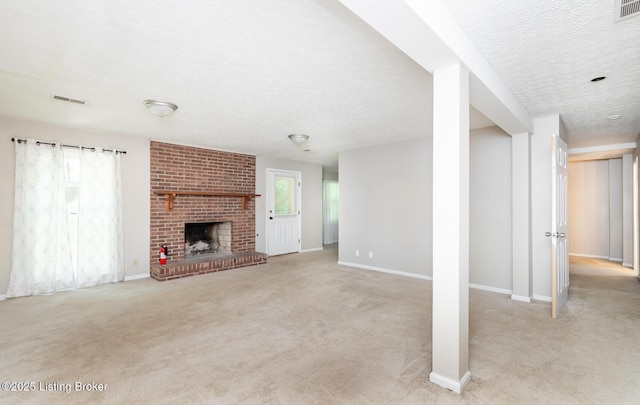 211 Rebel Dr, Pewee Valley, KY 40056 - unfurnished living room featuring a textured ceiling, baseboards, carpet floors, and a fireplace