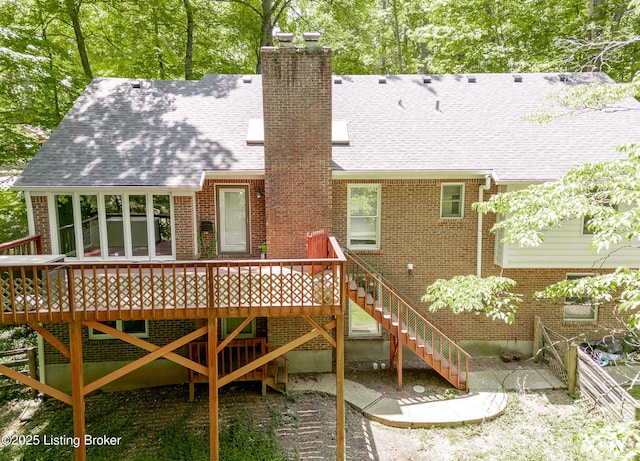 211 Rebel Dr, Pewee Valley, KY 40056 - back of property with a wooden deck, a chimney, brick siding, and stairway