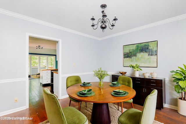 211 Rebel Dr, Pewee Valley, KY 40056 - dining room with a chandelier, crown molding, dark wood-style flooring, and baseboards