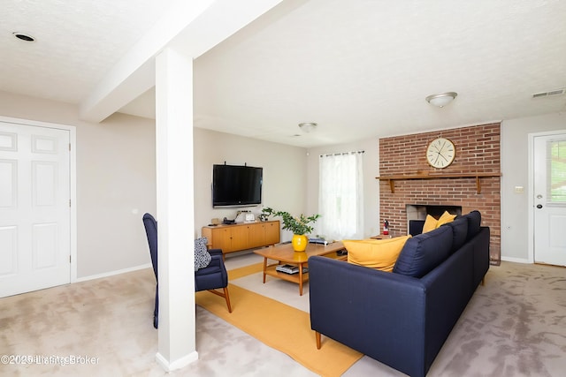 211 Rebel Dr, Pewee Valley, KY 40056 - living area featuring light carpet, baseboards, and a brick fireplace