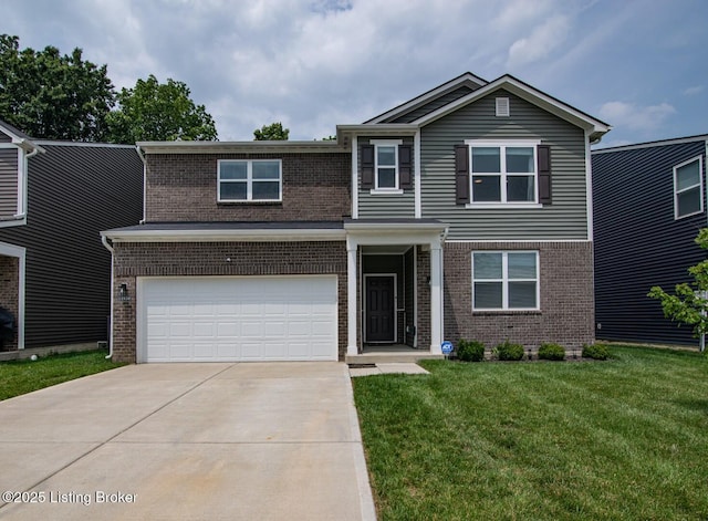 11930 Wooden Trace Dr, Louisville, KY 40229 - traditional-style house with brick siding, driveway, a front yard, and a garage