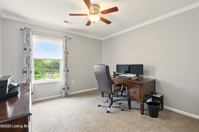 4926 Merton Sq, Louisville, KY 40241 - carpeted home office featuring a ceiling fan, ornamental molding, and baseboards