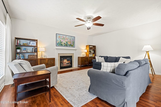 5500 Worthington Place Dr, Louisville, KY 40241 - living room with ceiling fan, a fireplace with flush hearth, and wood finished floors