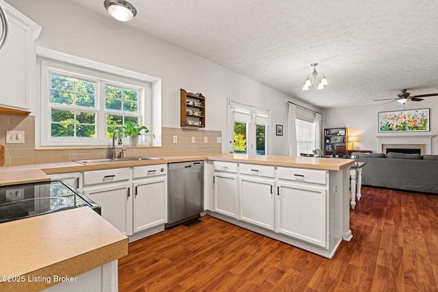 5500 Worthington Place Dr, Louisville, KY 40241 - kitchen with stainless steel dishwasher, a sink, a peninsula, light countertops, and a ceiling fan