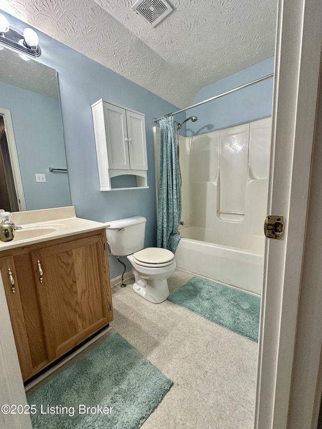 512 Auburn Oaks Dr, Louisville, KY 40214 - full bathroom featuring shower / bath combination with curtain, toilet, vanity, a textured ceiling, and baseboards
