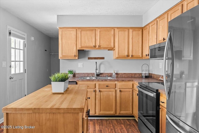4311 Wendy Hills Dr, Crestwood, KY 40014 - kitchen with appliances with stainless steel finishes, wooden counters, a sink, dark wood-style floors, and a center island