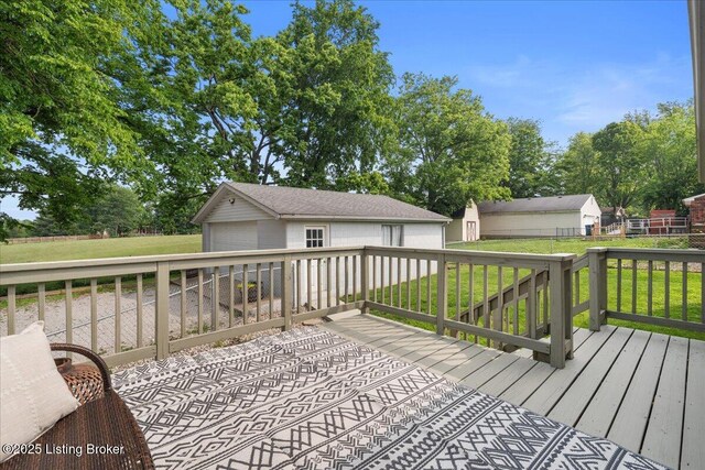 4311 Wendy Hills Dr, Crestwood, KY 40014 - wooden terrace featuring an outbuilding, a detached garage, and a yard