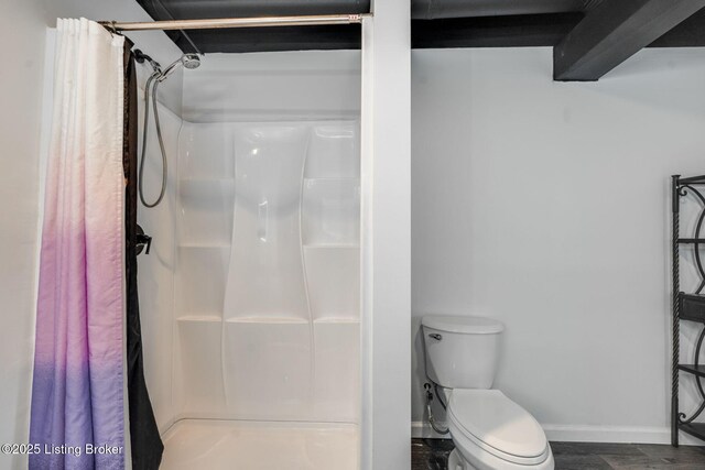 404 Bellemeade St, Brandenburg, KY 40108 - full bath featuring baseboards, toilet, and a shower with shower curtain
