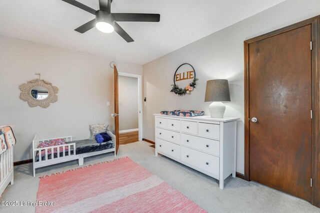 404 Bellemeade St, Brandenburg, KY 40108 - bedroom with light carpet, baseboards, and ceiling fan