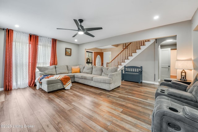 404 Bellemeade St, Brandenburg, KY 40108 - living room with a ceiling fan, hardwood / wood-style floors, stairway, baseboards, and recessed lighting