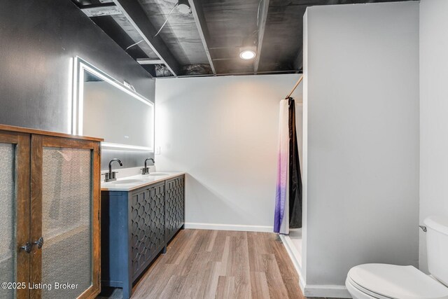 404 Bellemeade St, Brandenburg, KY 40108 - bathroom featuring wood finished floors, toilet, curtained shower, and double vanity