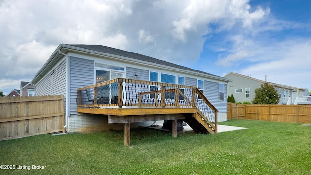 125 Bridlewood Dr, Shepherdsville, KY 40165 - rear view of house featuring a fenced backyard, a wooden deck, and stairs