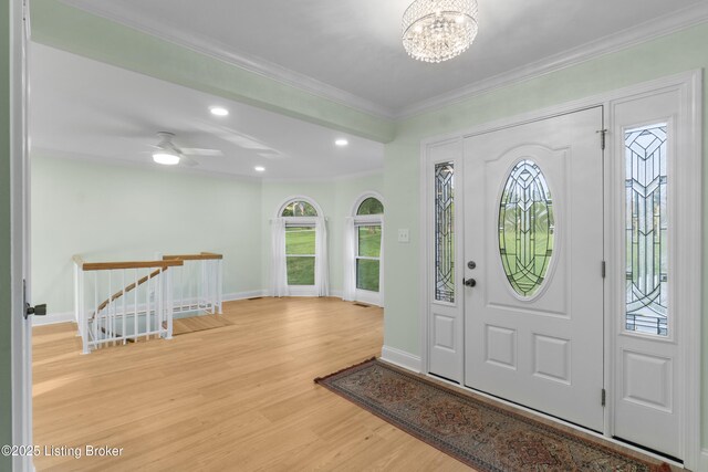 3205 Lake Pointe Ct, Crestwood, KY 40014 - entrance foyer featuring wood finished floors, a chandelier, crown molding, baseboards, and recessed lighting