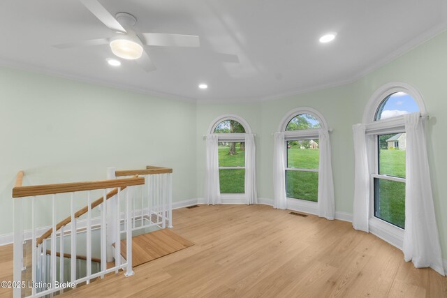 3205 Lake Pointe Ct, Crestwood, KY 40014 - empty room featuring wood finished floors, crown molding, baseboards, recessed lighting, and a ceiling fan