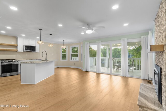 3205 Lake Pointe Ct, Crestwood, KY 40014 - kitchen featuring stainless steel appliances, a stone fireplace, ceiling fan, open shelves, and light wood-style flooring