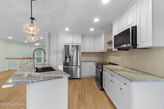 3205 Lake Pointe Ct, Crestwood, KY 40014 - kitchen featuring stainless steel appliances, a sink, white cabinets, recessed lighting, and open shelves