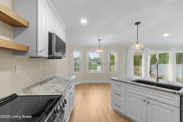 3205 Lake Pointe Ct, Crestwood, KY 40014 - kitchen with appliances with stainless steel finishes, open shelves, a sink, white cabinets, and light wood-style floors
