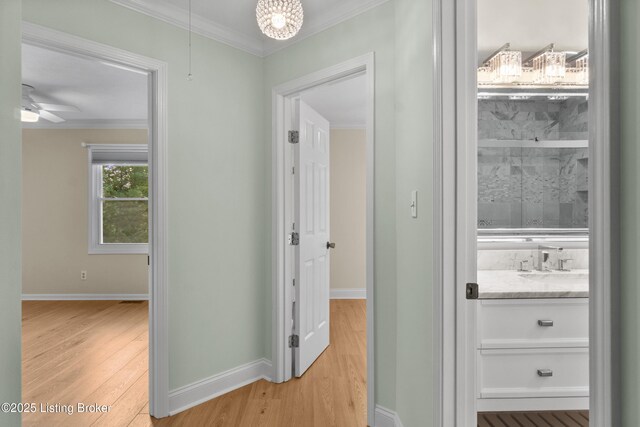 3205 Lake Pointe Ct, Crestwood, KY 40014 - corridor featuring light wood-style flooring, ornamental molding, baseboards, and a sink