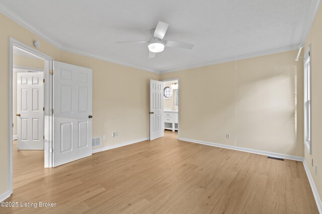 3205 Lake Pointe Ct, Crestwood, KY 40014 - unfurnished bedroom with light wood-style flooring, ornamental molding, baseboards, and ceiling fan