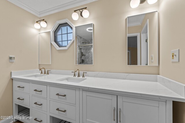 3205 Lake Pointe Ct, Crestwood, KY 40014 - bathroom with double vanity, ornamental molding, and a shower
