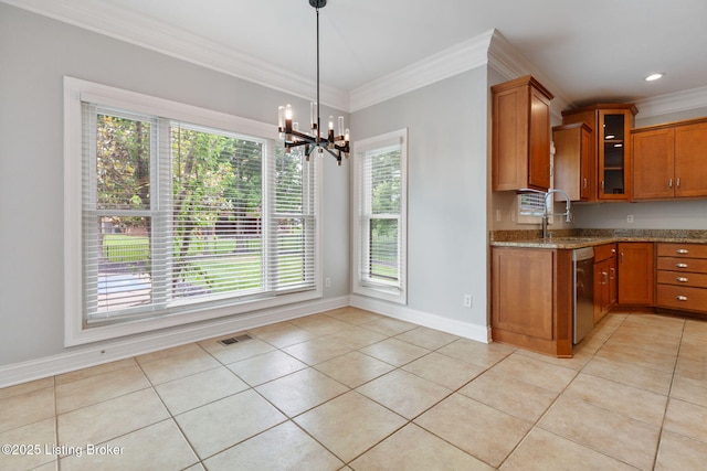 15108 Chestnut Ridge Cir, Louisville, KY 40245 - kitchen with brown cabinets, light stone countertops, ornamental molding, a sink, and a chandelier
