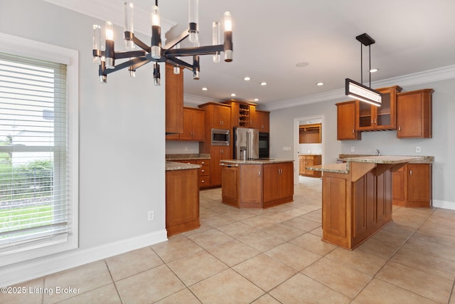 15108 Chestnut Ridge Cir, Louisville, KY 40245 - kitchen with brown cabinets, a kitchen island, appliances with stainless steel finishes, crown molding, and glass insert cabinets