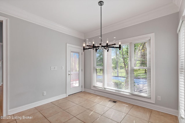 15108 Chestnut Ridge Cir, Louisville, KY 40245 - unfurnished dining area with a chandelier, light tile patterned floors, crown molding, and baseboards